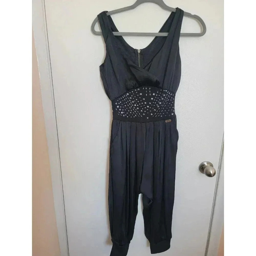 Sean John Jumpsuit Black Womens Small Metal Bedazzle Maximalist Witchy Hiphop 80